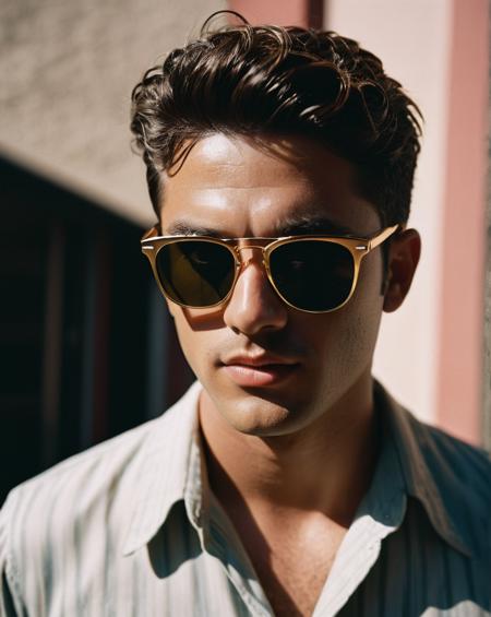 a guy wearing wayfarer sunglasses with his hand on the side of the stem, RAW candid cinema, 16mm, color graded portra 400 film, remarkable color, ultra realistic, textured skin, remarkable detailed pupils, realistic dull skin noise, visible skin detail, skin fuzz, dry skin, shot with cinematic camera, (b&w, Monochromatic, Film Photography:1.3),  Photorealistic, Hyperrealistic, Hyperdetailed, film noir, analog style, soft lighting, subsurface scattering, realistic, heavy shadow, masterpiece, best quality, ultra realistic, 8k, golden ratio, Intricate, High Detail, film photography, soft focus, detailed skin texture, (blush:0.5), (goosebumps:0.5), subsurface scattering
