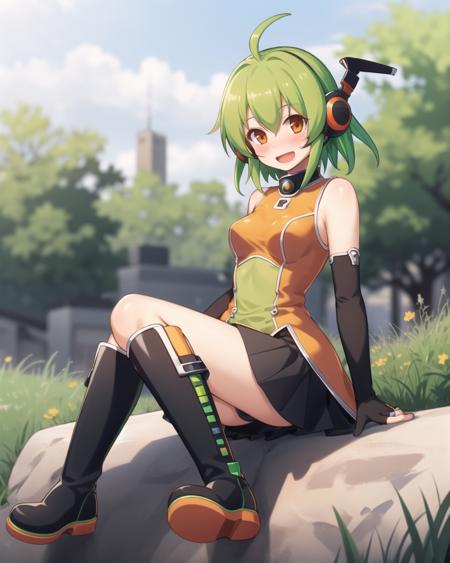 <lora:flchanv1:0.8>, flchan, 1girl, solo, green hair, gloves, fingerless gloves, boots, short hair, ahoge, elbow gloves, sitting, open mouth, smile, orange eyes, skirt, headset, knee boots, blush, black gloves, looking at viewer,