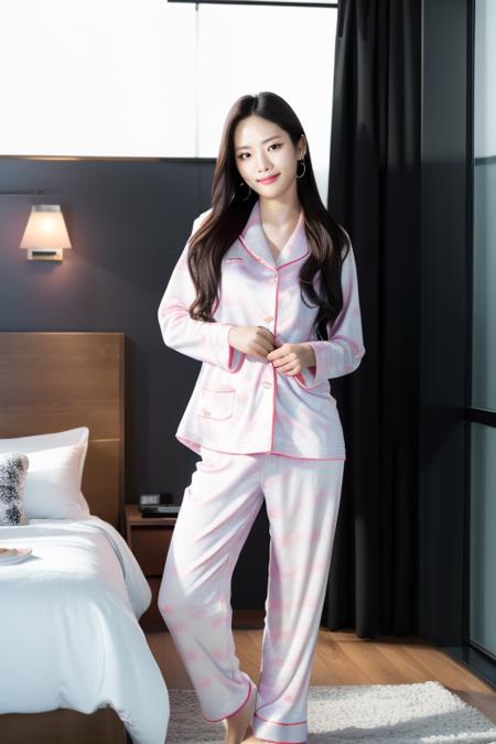 <lora:fromisJiwon:1>,Jiwon,RAW photo,physically-based rendering,(8k, best quality, masterpiece:1.2),(full body shot:1.4),octane render,extremely detailed CG unity 8k wallpaper,studio soft light, rim ligh,in hotel,bed,cozy room,sunlight,(a girl is wearing pajama:1.5),hyper realistic detail shiny skin,ultra detailed,(ultra realistic:1.5),(looking at viewer:1.2),(intricate:1.2),(photorealistic:1.4),1girl,(skinny:1.3),detailed background