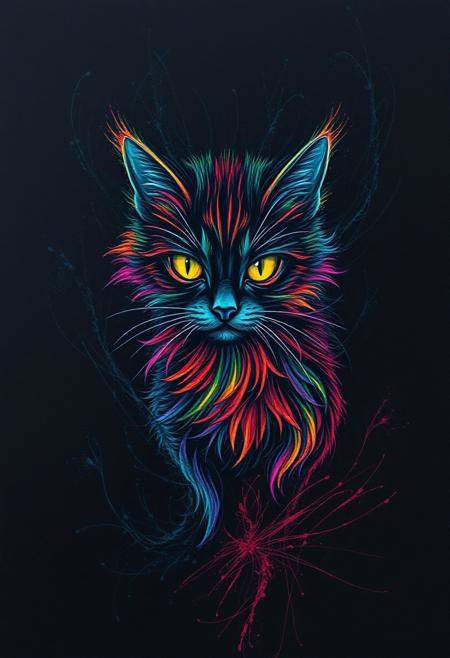 A hauntingly beautiful image of a dark, scratch art background, with a creepy cat emerging from the shadows, like a ghostly apparition. The cat, a vibrant, multicolored creature, seems to glow with an otherworldly light, its eyes gleaming with a malevolent intensity. The cat's fur, a swirling, vibrant texture, seems to pulse with a creepy, crawly energy, as if it's alive and waiting to pounce. The scratch art, a textured, layered effect, creates a sense of depth and dimensionality, as if the viewer is gazing into a dark, mystical realm. The dark, ink background provides a striking contrast to the vibrant, multicolored cat, creating a sense of drama and tension. The overall effect is one of eerie, Halloween magic, as if the viewer is witnessing a supernatural, feline spectacle. highest-Quality, intricate details, visually stunning, Masterpiece
