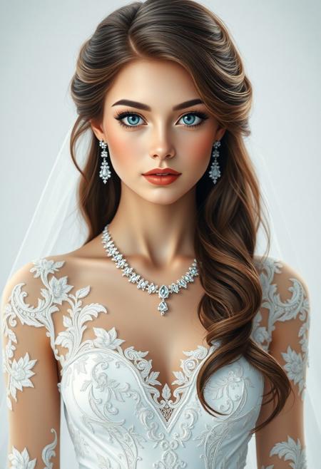 A full-body fotorealistic image of a 20-year-old girl with long hair styled in an elegant wedding hairstyle. She has striking blue eyes and is wearing a beautiful white wedding dress adorned with delicate details. Her look is completed with elegant jewelry, enhancing the sophistication of the bridal design. The style is clean, detailed, and focused on showcasing the elegance and flow of the dress and accessories in a fashion illustration style.