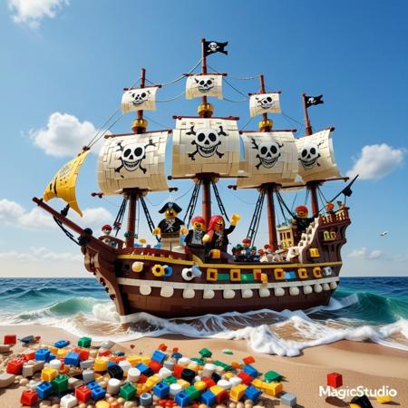 a LEGO pirate ship braving a brick-built ocean, sails stitched from flat tiles, cannonballs flying as rounded studs, wave crests shaped with white curved slopes, minifig pirates yelling with expressive printed faces, LEGO
