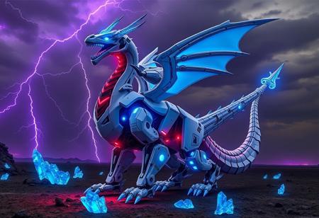 high quality, detailed, beautiful, masterpiece, correct anatomy, anatomically correct, realistic, mecha, mechanical dragon, machine, neon blue mechanical joints, neon blue eyes, glowing eyes, glowing blue wings, neon blue glowing teeth, neon blue glowing horns, neon blue glowing claws, tail, narrow waist, wide hips, white metal armour, glowing red metal armour under belly, intricately detailed metal armour,
the mecha resembles a dragon but it has a sleek design with very little curves, the mecha is standing on its hind legs with its arms raised as if it were to slam the ground, the mecha neck is arching back with its head facing the viewer, the mecha is looking at the viewer and is roaring , the mecha is making its presence known, the mecha looks fierce, imposing, awesome, its tail is swaying, dynamic pose, the mecha is very well built, dark sky, cloudy, lightning arching in the clouds, purple haze, wasteland, dark earth, neon blue glowing crystals, large crystals, rocks, craters,