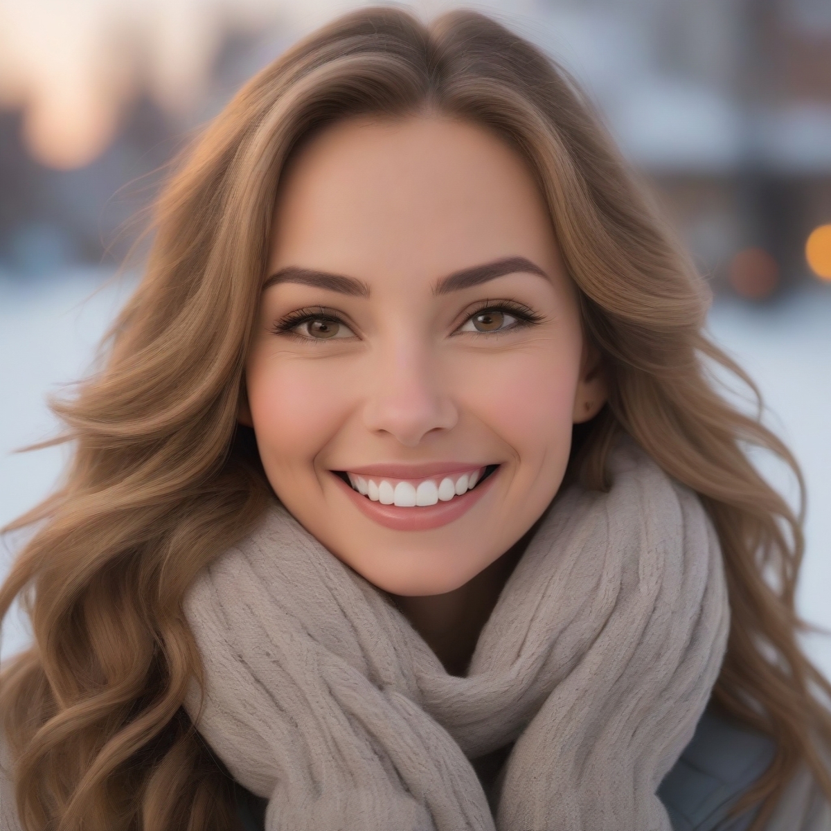 extremely content happy smile, A fit light brown haired woman in Omaha, Nebraska in winter at dawn
