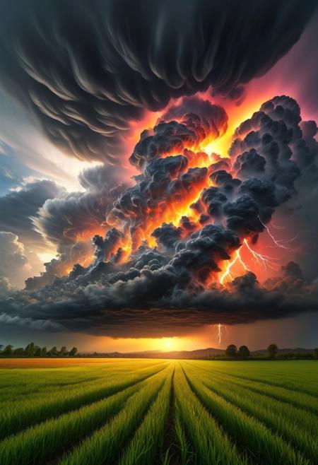 A breathtaking sunrise erupts through tumultuous, dark grey clouds, with vibrant golden rays of light pouring down and casting long shadows across a vast, rolling open field of lush green grass, symbolizing hope and new beginnings, as the warm light illuminates the dew-kissed blades and the few wispy trees scattered across the landscape, their branches stretching towards the sky like outstretched arms, while the remaining dark clouds are streaked across the sky in bold, expressive brushstrokes, with hints of pink and orange bleeding through the clouds, adding a sense of drama and intensity to the scene.
