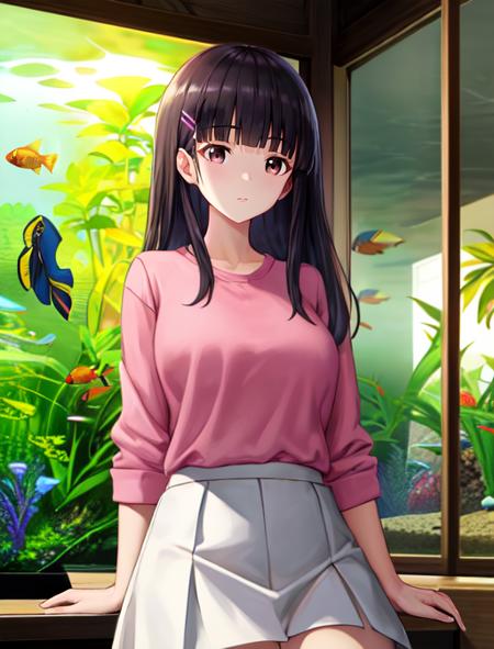 best quality, masterpiece, highres, detailed, digital artwork, <lora:Detail - add_detail:0.2>, IridoYume, black hair, blunt bangs, brown eyes, hair clip, <lora:Character - IridoYume:0.8>, pink shirt, white skirt, aquarium, fish tank,