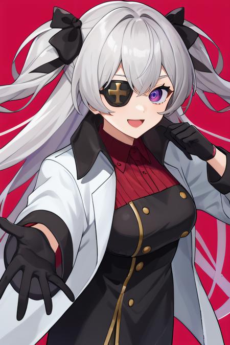 eicy, very long hair, grey hair, purple eye, eyepatch, hair bow, two side up black gloves, white dress, eyepatch, black jacket, hood up, red shirt, two black belt, red pantyhose, black skirt, frilled skirt, short skirt, high heel black boots, thigh strap black gloves, collared shirt, red shirt, black dress, open coat, white coat, coat on shoulders side ponytail, braided ponytail, collarbone, black bikini top, eyepatch, black scrunchie, bare shoulders, bare arms, cross necklace, black choker, frilled short