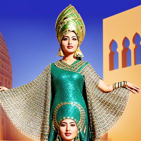 cinematic shot create a surrealistic version of the Babylonian style costume worn by a smiling Arabic woman in the promotional image. Include a long braid, fur collar, and chain around the neck, and incorporate abstract elements that represent the lush garden and green bird. babylon  style,