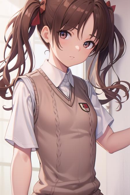 kurokoshirai, <lora:kurokoshirai-lora-nochekaiser:1>,
kuroko shirai, brown hair, long hair, (parted bangs:1.5), (brown eyes:1.7), ringlets, twintails, hair bow, bow, red bow, (small breasts:1.2),
BREAK armband, black skirt, collared shirt, dress shirt, pleated skirt, safety pin, school uniform, shirt, short sleeves, skirt, summer uniform, sweater vest, tokiwadai school uniform, twintails, white shirt, (brown sweater vest:1.5),
BREAK looking at viewer, upper body, fully body,
BREAK indoors, classroom,
BREAK <lyco:GoodHands-beta2:1>, (masterpiece:1.2), best quality, high resolution, unity 8k wallpaper, (illustration:0.8), (beautiful detailed eyes:1.6), extremely detailed face, perfect lighting, extremely detailed CG, (perfect hands, perfect anatomy),