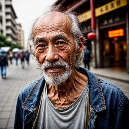 (<lora:add_detail:1>, <lora:weight_slider_v2:-2>, <lora:hair_length_slider_v1:1>),
realistic portrait photograph of an ((elderly homeless chinese man)), (masterpiece, best quality), sharp focus, (high detailed elderly skin:1.2), hyper realistic, lifelike texture, (highly detailed face and body), (detailed pupils), ultra high res, best shadow, (detailed hands), (beautiful natural ligthing), wrinkles, sagging skin, skin pores, beautiful moles, old, elderly, saggy, ragged clothes, balding, happy, busy street on the backgroud, scruffy, messy hair
