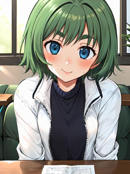 1girl, solo focus,  ooba eimi, green hair, blue eyes,short hair, small breasts,  messy hair, green eyebrows, smile, 
pov across table, facing viewer, 
 <lora:Eimi_chan_sama_V1:0.9>, white Down jacket