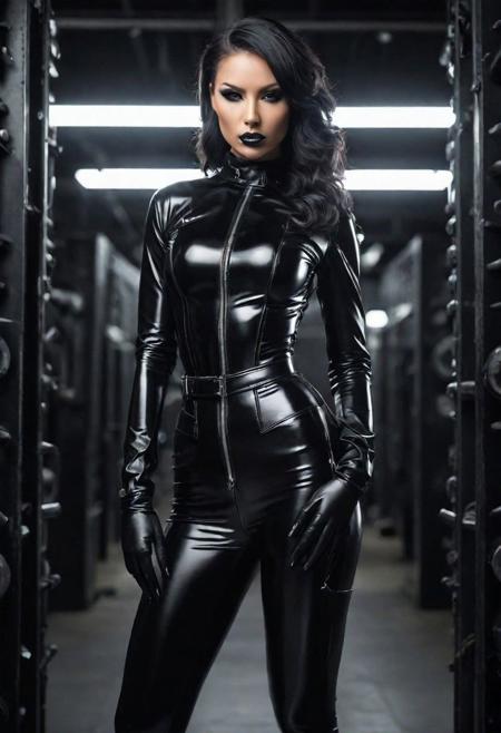 view full body shot magazine photography cinematic photography award-winning photography extremely detailed Canon EOS 5D Mark IV D, With a sultry gaze and a provocative pose, the woman in the black latex outfit exudes confidence and power. The steel accents on her outfit hint at a hidden strength, while the otherworldly setting adds an air of mystery to her persona., surreal lighting, cinematic composition,