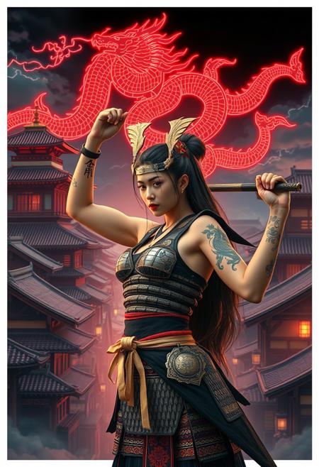 Cinematic shot. Masterpiece, professional, award-winning, hyperdetailed, 8k resolution, ultrarealistic, realistic depiction of the Japanese Edo period. The main background features traditional Japanese architecture, including samurai castles and wooden houses with tiled roofs, bathed in a neon afterglow. In the sky, a detailed electric dragon pattern creates a striking secondary background. The scene is viewed isometrically, with digital constructs subtly integrated. A Japanese girl in sleeveless samurai armor stands in the foreground, muscular, big biceps, hot, sexy, beautiful, angry, long hair, yazuka tattoos, ((torso shot)), arms raised, holding weapon, exuding a powerful presence. Inspired by Alphonse Mucha, the image highlights feminine elegance and intricate detail, capturing the wonder of the scene. absurdres. Pheonix. colorful. wallpaper. huge filesize. RAW photo.