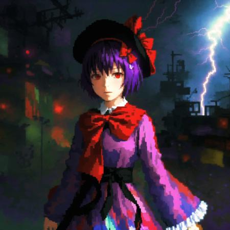 <lora:seleznev_trixel_art:1>, seleznev_trixel_art,  drawing, blur, pixelated, glitch, 


1girl, bow, dress, female focus, frills, hat, lightning, purple hair, red eyes, ribbon, shawl, short hair, solo