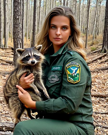 <lora:4sh13y_20XL-final:1.1>,a professional photograph of beautiful (4sh13y:1.1) woman,as a forest ranger,wearing a (fern green) ranger uniform,(holding a baby raccoon:1.1),(sitting on a fallen tree log:1.2),along a hiking trail,in a pine forest,(deer walking behind:1.1),(light streaking through the trees:1.2),babbling brook cascading by,perfect hair,(upper body),(medium closeup shot),nature magazine photoshoot,sharp focus,detailed eyes,(highly detailed),(HDR),(8k wallpaper),intricately detailed,high contrast,highres,absurdres,hyper realistic,8K UHD DSLR,Fujifilm XT3,majestic,taken with (Canon EOS 1Ds camera),,extremely intricate,dramatic,(looking at viewer),4k textures,elegant,hyperdetailed,