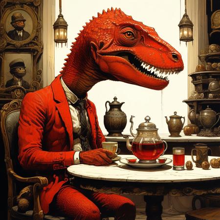 score_9, score_8_up, score_7_up, style of William Stout, Solo, Red Scaled gentleman T-Rex, drinking tea, sitting at a table, smiling, Squirrel server waiting at his side, detailed, masterpiece