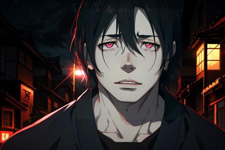 (1male:1.3),25 year old,<lora:ShinmonBenimaru:0.7>,black hair,red eyes,Benimaru from Fire Force,Shimon_Benimaru,japanese clothes,symbol-shaped pupils,(right eye "o"),(left eye "x"),(pale skin:1.4),handsome,hair in front of face,fully clothed,(mood lighting:1.2),(nighttime:1.2),dramatic,looking at viewer,(best quality:1.4),[:intricate details:0.2],masterpiece,dark,detailed background,semirealistic,