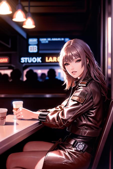 photorealistic highly detailed 8k photography, best street shot quality, volumetric lighting, plain clean earthy young woman, cyberpunk outfit, sitting in a busy crowded street diner, realistic skin and hair texture, shot with Canon EOS 5D Mark IV