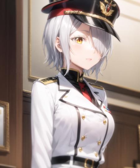 masterpiece, best quality, <lora:CharWestia768V1:0.7>, 1girl, charwestia, short hair, white hair, hair over one eye, yellow eyes, peaked cap, military hat, military uniform, military jacket