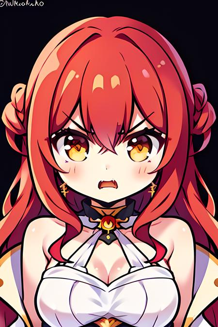 masterpiece, best quality,  <lora:himeko_Ax__v1.0:0.75>, 1girl, himeko, red hair, yellow eyes, breasts, bare shoulders, hair ornament, jewelry, angry, cute