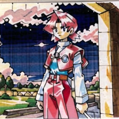 sugimori ken 1990s,1girl,solo,facing viewer,HeikeVahs,arena,pink pants,white shirt, <lora:kenSugimori1990sClassic_v12:1>