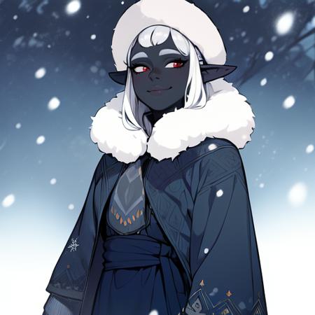 (best quality, masterpiece:1.3), thick outlines, face highlight, detailed face, detailed skin, 1girl, blue tunic, snow, winter, drow, (grey skin, black skin:1.4), pointy ears, happy, smile, fur trim, winter clothing, (white hair:1.5), white fur hat, winter, landscape, forest, snowing, red eyes, cowboy shot, ushanka, intricate clothing, tomboy,