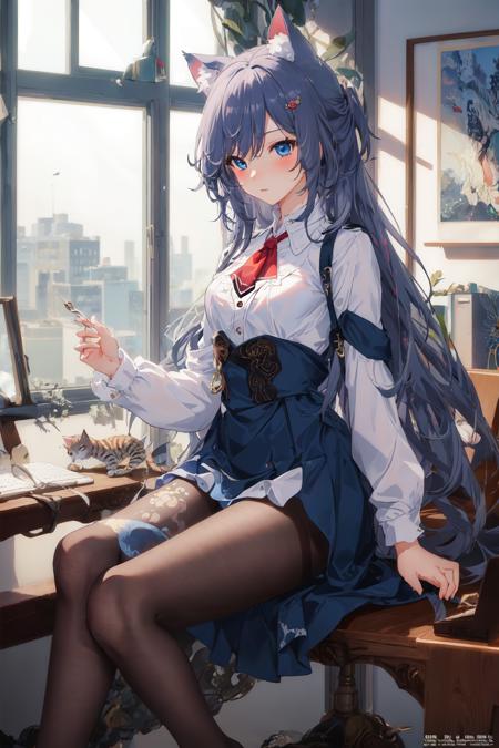 (masterpiece, top quality, best quality, official art, beautiful and aesthetic:1.2),extreme detailed,(fractal art:1.3), <lora:Fu Hua_Azure Empyrea_v2.6:0.6>,pantyhose, print legwear,white shirt, red jacket,indoors,window,small breasts, Fu Hua(az),office lady, cat ears,