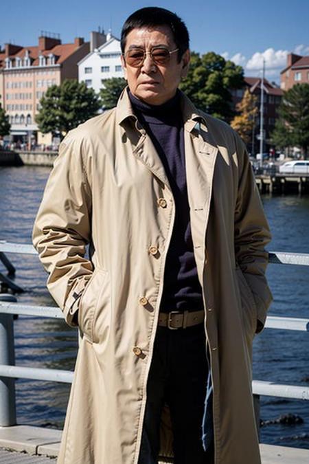 best quality, ultra high res, (photorealistic:1.4),Long trench coat,sunglasses, At the wharf,masterpiece, blurry background,1boy,standing ,(looking at viewer),  <lora:gaocangjian:0.8>