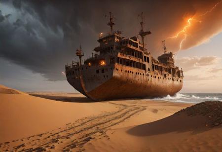 post apocalypse, doom,  broken city in the back covered by dunes and sand, desert, dunes, broken bridge, broken bridge covered by sand, broken rusty ship,  orange light, dramatic, cinematic lightning, UHD, 8k, realistic, cinematic photo, rocks and gravel, dark clouds,