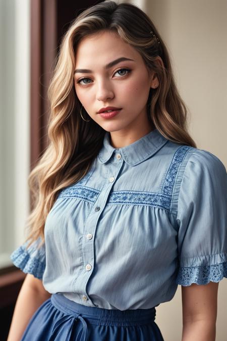 photo of (EPJOBr0wn:0.99), closeup portrait, perfect hair, (modern photo, blue Lace frilled shirt worn with a high-waisted embroidered long skirt and kitten heels), 24mm, (analog, cinematic, film grain:1.3), ((plain pattern, gradient:1.1)), ((detailed eyes)), (seductive pose), (epicPhoto), long eyelashes, (perfect waist), (painted lips)