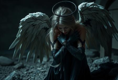 Gothic style  Dim Natural lighting,  32k HD masterwork photograph,female fallen angel, lost/alone/scared,  crouched (wrapped/enfolded by her own  closed curved wings  held close to torso sheltering her), latex infused garment.  Futuristic, cyberpunk, badlands, moody, epic, gorgeous, $anime$ . Dark, mysterious, haunting, dramatic, ornate, detailed
