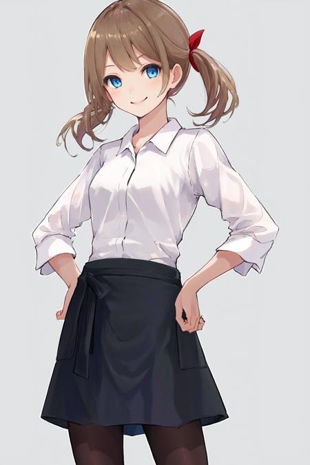 1girl blue eyes twintails hair ribbon white shirt black skirt black pantyhose