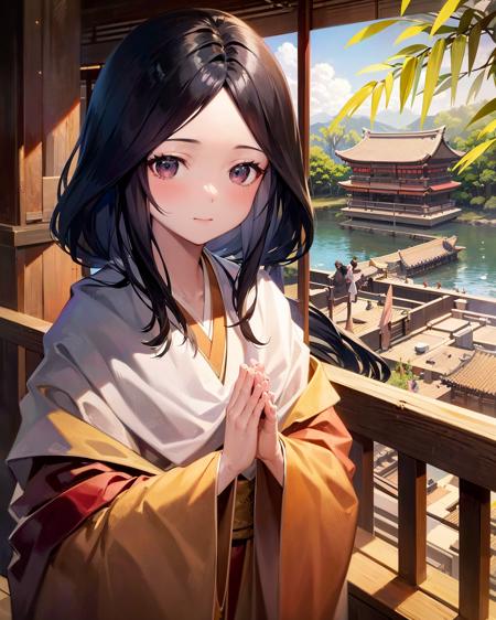 ricechan, 1girl, black_hair,solo, japanese clothes, <lora:RicechanSekiroV1-000006:1>,kimono,outdoors,bamboo,lake,east asian architecture, 
standing,own hands together,