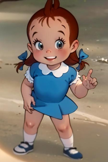 laudrey, 1girl, dress, solo, brown hair, bow, hair bow, blue dress, child, smile, short sleeves, socks, shoes, short hair, twin braids, puffy sleeves ,looking at viewer, standing,   <lora:Audrey-000008:0.7>