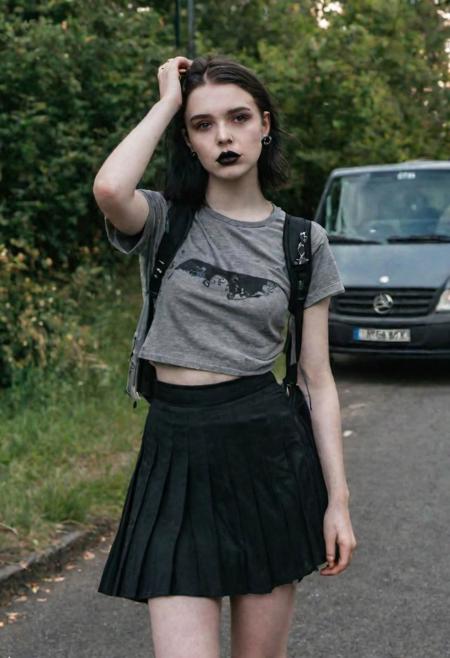 masterpiece 1girl, instagram portrait of a 18 y.o. teenager, pretty, charming europen,  beautiful (detailed face), pale skin, (summer), dark lip, in goth makeup waving at a bus stop, (nose studs), black straight hair, (gray T-shirt:1.25), black hip wrap skirt, ((bare waist)), cinematic light, (white sneakers), Movie Still, Film Still, Cinematic, Cinematic Shot, Cinematic Lighting on face, (Gold necklace)