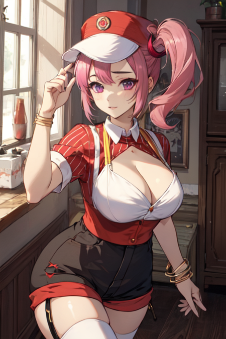 WendyCrush, pink hair, side ponytail, red headwear, shirt, cleavage, large breasts, uniform, short shorts, bracelet, thighhighs 