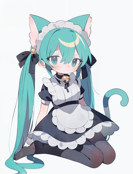 1girl, solo, animal ears, hatsune miku, long hair, maid, cat ears, tail, squatting, bell, cat tail, ribbon, twintails, apron, red ribbon, very long hair, maid headdress, short sleeves, hair ribbon, neck bell, dress, looking at viewer, frills, white background, black dress, collar, puffy sleeves, pantyhose, jingle bell, frilled dress, blue hair, puffy short sleeves, maid apron, enmaided, cat girl, white apron, aqua hair, collarbone, bangs, aqua eyes, alternate costume, full body, blue eyes, no shoes, blush, kemonomimi mode, hair between eyes, simple background, black pantyhose, closed mouth, frilled apron, breasts, animal ear fluff, tail ornament<lora:daizu2-07:1>