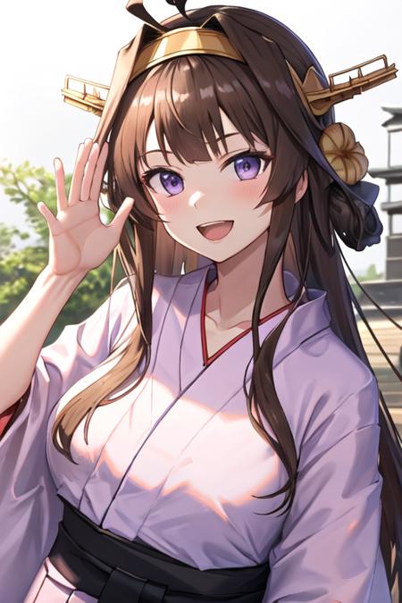 best quality, masterpiece, highres, solo, {yukata:1.40}, {kimono:1.20}, {kongou_kantaicollection:1.15}, brown_hair, long_hair, ahoge, hairband, hair_bun, double_bun, headgear, smile, nontraditional_miko, purple_eyes, open_mouth