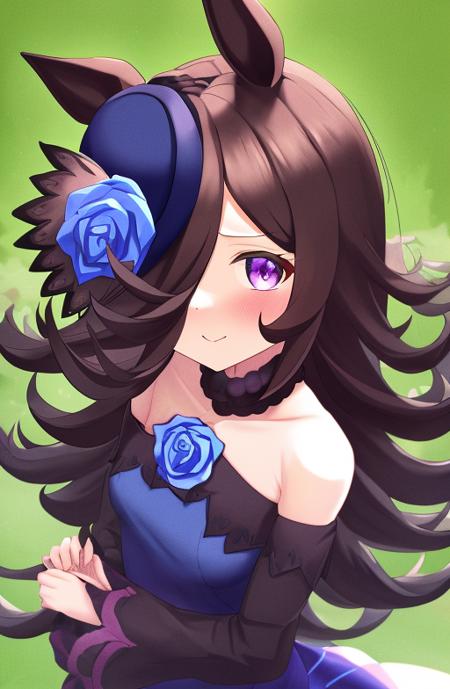 <lora:RiceShower:0.80>, (rice shower \(umamusume\)),looking at viewer, dark blue dress, bare shoulders, long sleeves, blue rose,