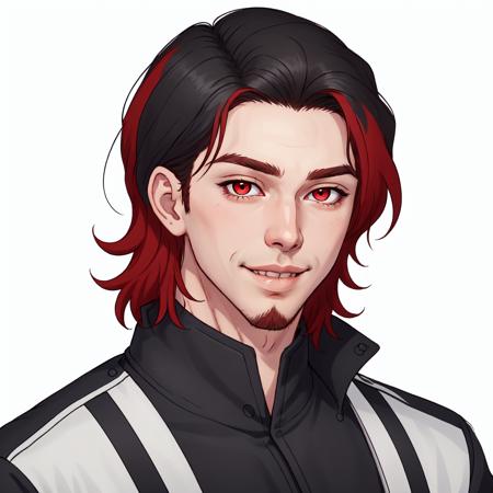 James Reid Ellis-Finn,  solo,  looking at viewer,  smile,  simple background,  black hair,  red eyes,  1boy,  white background,  jacket,  male focus,  red hair,  parted lips,  lips,  facial hair,  portrait, <lora:EMS-51682-EMS:0.400000>