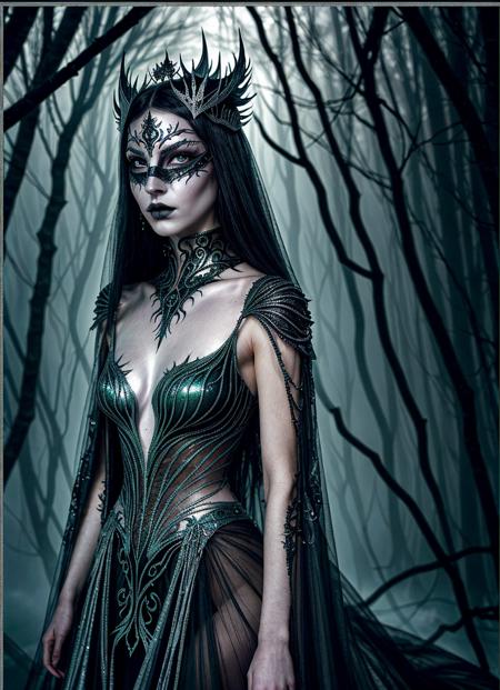 A mesmerizing dark fantasy queen with piercing green eyes and flowing black hair, partially concealed by an intricate silver masquerade mask. She wears an ethereal, metallic gown adorned with organic, vine-like patterns that shimmer like liquid silver, seamlessly blending into her crystalline, ice-like cloak. The fabric appears almost alive, reflecting light in a surreal and mystical manner. Her expression is enigmatic and regal, exuding an aura of mystery and power. The background is an abstract, dreamlike fusion of ice and shadows, enhancing the otherworldly elegance of her presence. The lighting is soft yet dramatic, casting a glow that accentuates the textures of her attire. A perfect blend of Gothic fantasy and high-fashion aesthetics.