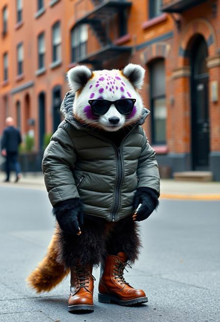 street photography of a purple spotted panda wearing boots, a down jacket, sunglasses, surreal street scene, urban brick buildings in the background