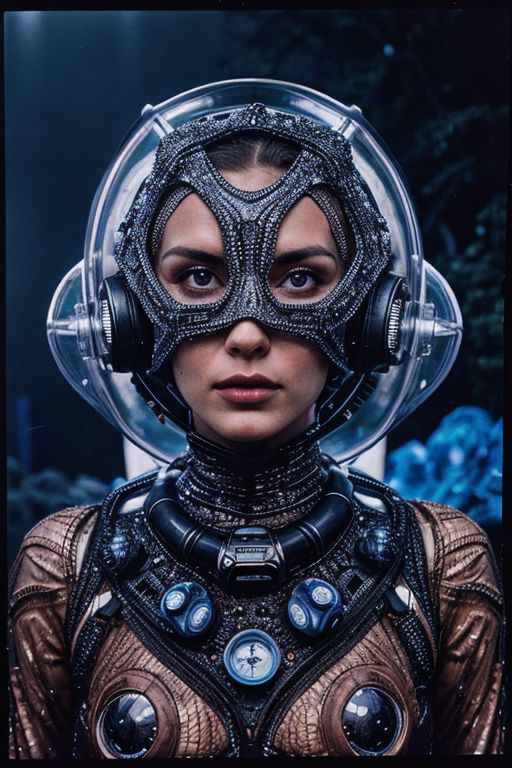 A woman wearing a futuristic outfit with a headpiece and earphones.
