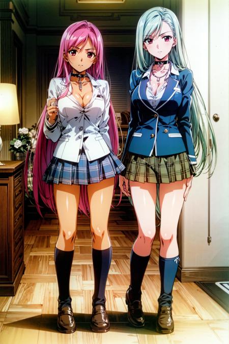 masterpiece, best quality, (multiple girls, 2girls, sererate girls), ADDCOMM, indoors, lamp, ADDBASE Model 1 = <lora:Outer_Moka_Akashiya:0.4> Outer Moka Akashiya, pink hair, long hair, green eyes, skirt, school uniform, socks, jacket, kneehighs, pleated skirt, breasts, cleavage, very long hair, choker, looking at viewer, standing, plaid skirt, chain, medium breasts, ADDCOL Model 2 = <lora:OGT_Moka_Akashiya-v3:0.4> Inner Moka Akashiya, white hair, long hair, red eyes, skirt, school uniform, socks, jacket, kneehighs, pleated skirt, breasts, cleavage, very long hair, choker, looking at viewer, standing, plaid skirt, chain, medium breasts, serious