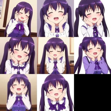 ((((ultra illustrated style:1.0)))),best quality,best animated,masterpiece,ray tracing, global illumination,1girl, solo,twintails,long hair,open mouth, closed eyes, hands on own face, smile, hands on own cheeks, blush, purple vest, hair ornament, hairclip, long hair, shirt, long sleeves, white shirt, :d, facing viewer, collared shirt, ^_^, purple bowtie, purple bow, vest, upper body, bow, bowtie, happy,<lora:Tedeza Rize:0.7>