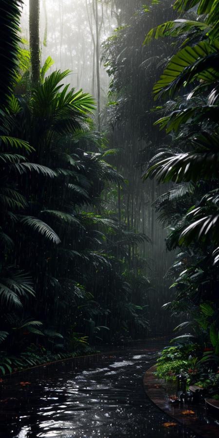 A jungle, with intense rainfall, monochromatic, vines all around, giant and wet trees, masterpiece, best quality, high quality, extremely detailed CG unity 8k wallpaper, oil paiting, award winning photography, Bokeh, Depth of Field, HDR, bloom, Chromatic Aberration ,Photorealistic,extremely detailed, trending on artstation, trending on CGsociety, Intricate, High Detail, dramatic, art by midjourney, volumetric lighting