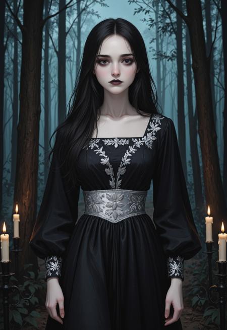 A Slavic Marena with long black hair. Pale skin. Dark eyes. Thin eyebrows. Straight nose. Dark lips. Black traditional dress with silver embroidery. Stands in dark forest. Holds black candle.
(Slavic Marena, traditional Russian black dress)
((half body view)), (((cowboy_shot)))