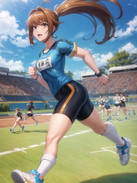 masterpiece, ultra high quality cg, perfect image, estelle, blue shirt, black spandex shorts, white sneakers, athletics, running, track