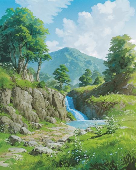 (((best quality))),single build,architecture, blue_sky, building,cloudy_sky, day, fantasy, fence, field, house, build,architecture,landscape, moss, outdoors, overgrown, path, river, road, rock, scenery, sky, sword, tower, tree, waterfall ,  <lora:Pyramid lora_Ghibli_0.7+aki-000002_0.3:1>