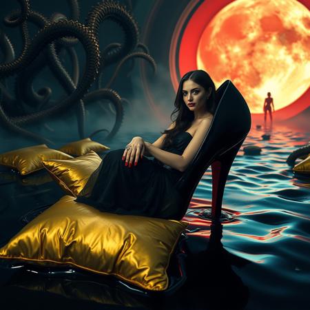 exy, sultry, Cinematic film still. Medium shot. Elegant femme fatal norvegan lady sitting in giant glossy black stiletto heel, covered with thin transparent slime cover, surrounded by wet-look foil golden pillows in giant black slime pool. Rembrandt Lighting Style. Evil grin and red lipstick reflected in glossy heel. Tentacles spreading from portal to alien space in background, with weird evil aliens and fog from the floor. Giant red moon glowing through the portal. Ultra realistic, 8k, uhd, best quality, cinematic lighting, film grain, vignette, color graded, post-processed. Georgian gown, satin, glossy, highly detailed, narrow slim waist, posture collar. Makeup, long hairs, red nails. Live-action, atmospheric, a masterpiece, epic, stunning, dramatic.